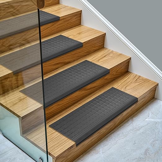 Ottomanson All-Weather Bullnose Rubber Stair Treads – Non-Slip Step Mats for Wooden, Concrete, or Outdoor Stairs, Easy Maintenance, Tool-Free Placement, Pack of 5, 10" x 25.5", Black Square Grid