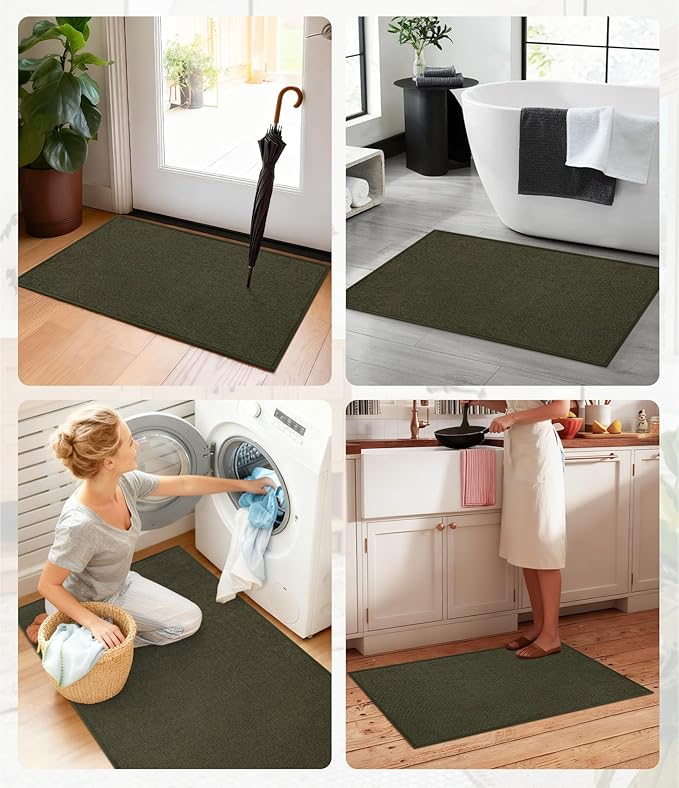 YIHOUSE Bathroom Rugs Mats Sets 2 Pieces, Ultra Thin Bath Mat Absorbent Non Slip Bath Rugs for Bathroom Washable, Shower, Sink, Laundry (Dark Green, 2 Pieces)