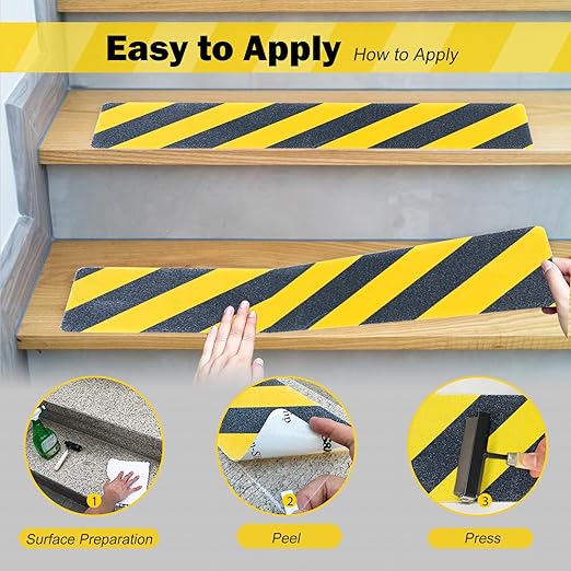 S&X S680 Anti Slip Stair Treads 6" x 24", 10-Pack Pre-Cut Black/Yellow Caution Non Slip Safety Tape Strips for Outdoor Stair Treads, Wooden Steps & Exterior Grips