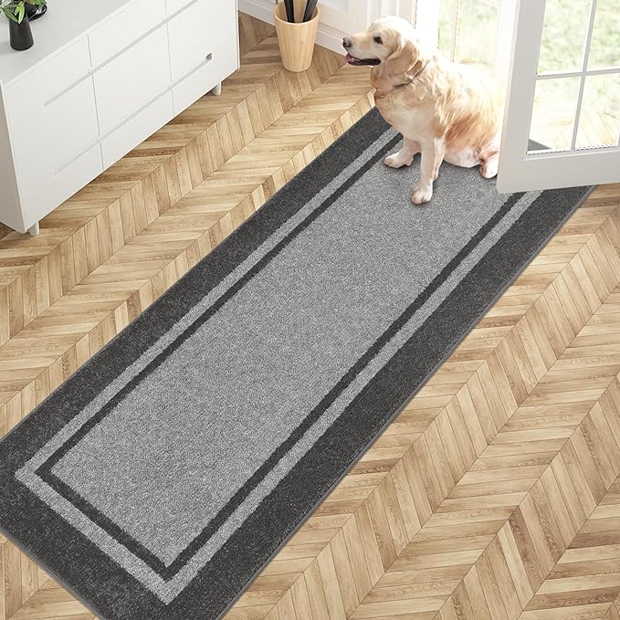 PURRUGS Dirt Trapping Door Mat 24" x 70", Non-Slip/Skid Machine Washable Entryway Rug, Shoes Scraper, Area Rug, Super Absorbent Welcome Mat for Muddy Wet Shoes and Paws, Light Grey & Dark Grey