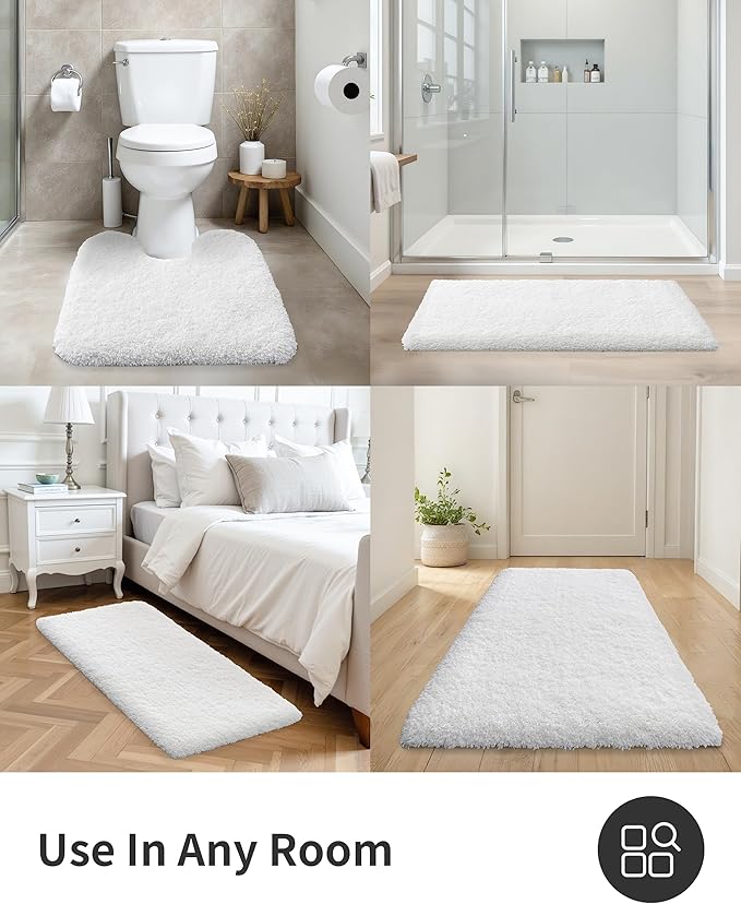 ILANGO White Bathroom Rugs 36" × 24" Non Slip & Super Absorbent Extra Thick Soft, Washable Bath Mat for Floor, Non Shedding Microfiber Plush Shaggy Bath Rug with Rubber for Bathtub Shower Room Sink