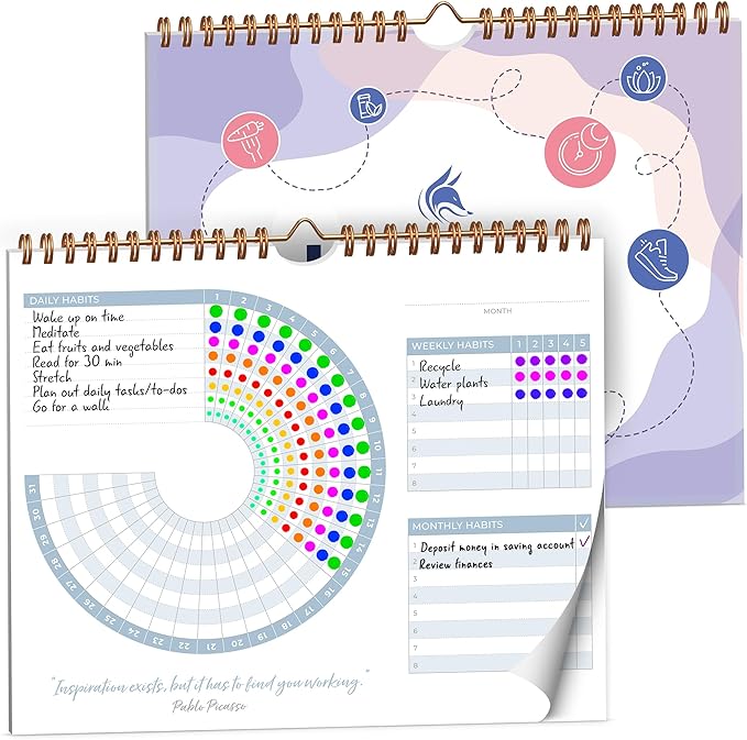 Clever Fox Habit Calendar Circle – 24-Month Inspirational Daily Habit Tracker with Colorful Pages – Routine & Goal Planner Journal (White & Lavender)