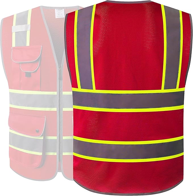 JKSafety 9 Pockets Hi-Vis Neon Red Zipper Front MESH Safety Vest with Fluorescent Yellow Extend Edge outlining the Reflective Tapes Meet ANSI/ISEA Class 2 Standard (100-Red, X-Large)