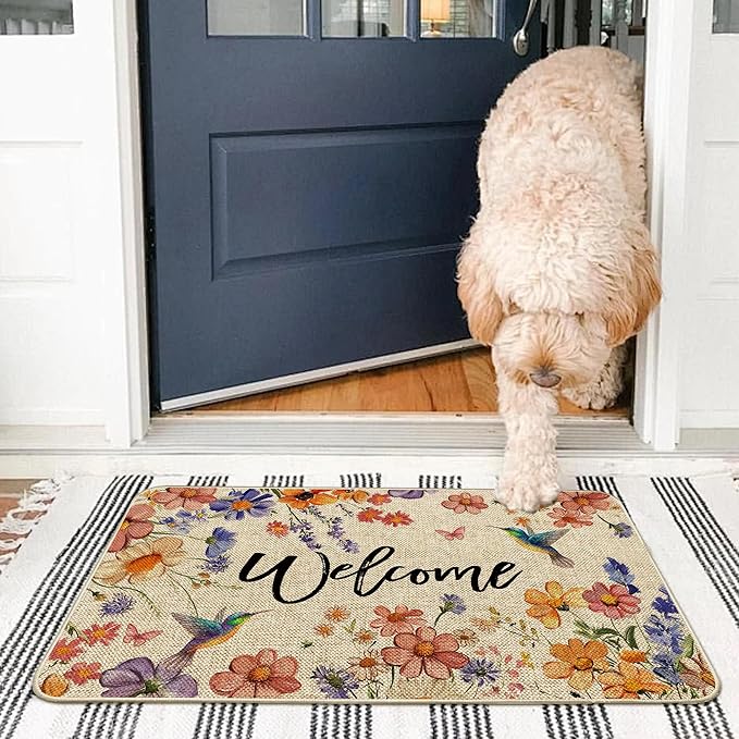 Wildflower Welcome Doormat 17"x29", Flower Spring Door Mat Indoor Entrance, Indoor Front Door mat, Non Slip Outdoor Entrance Mats, Low Profile Design Patio Porch Entryway Mats