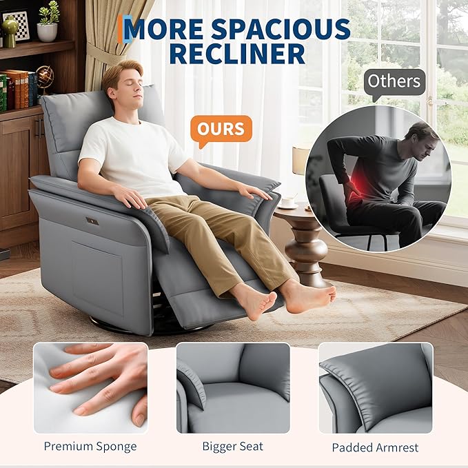 IDEALHOUSE Power Recliner Chair, 270° Swivel Rocking Glider with USB Charging Port, PU Leather Upholstered Fabric and Double-Layer Armrests, Nursery Chair for Living Room, Nursery (Power Grey)
