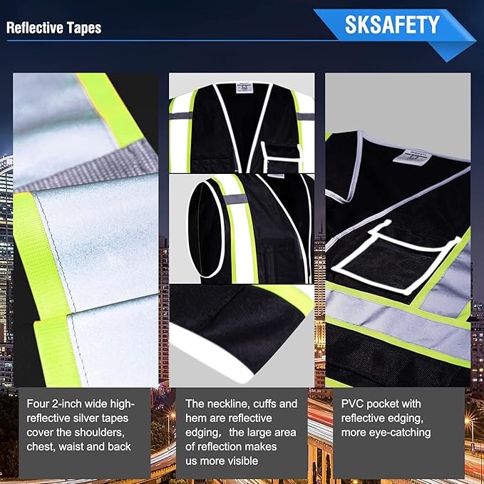 SKSAFETY 10 Pockets Safety Vest, Class 2 High Visibility Security with Zipper, Hi Vis Vest with Reflective Strips, ANSI/ISEA Standard, Construction Work Vest for Men ＆ Women （Black, 2XL）