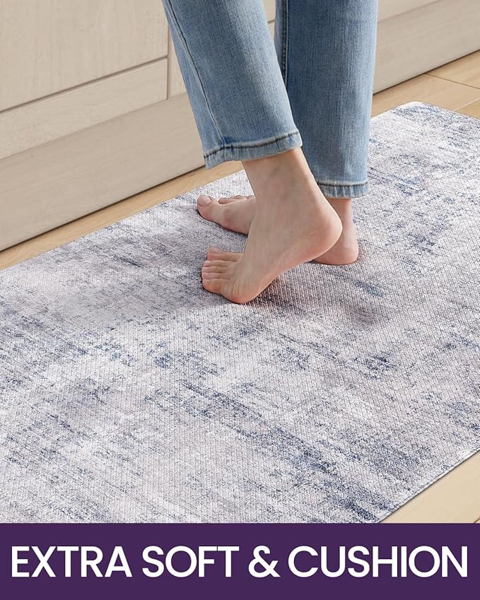 DEXI Kitchen Floor Mats Cushioned Anti Fatigue, 23x59 Long Wide Standing Comfort Runner Rug, Waterproof Retro Floral Memory Foam Padded for Front Sink Laundry, Blue