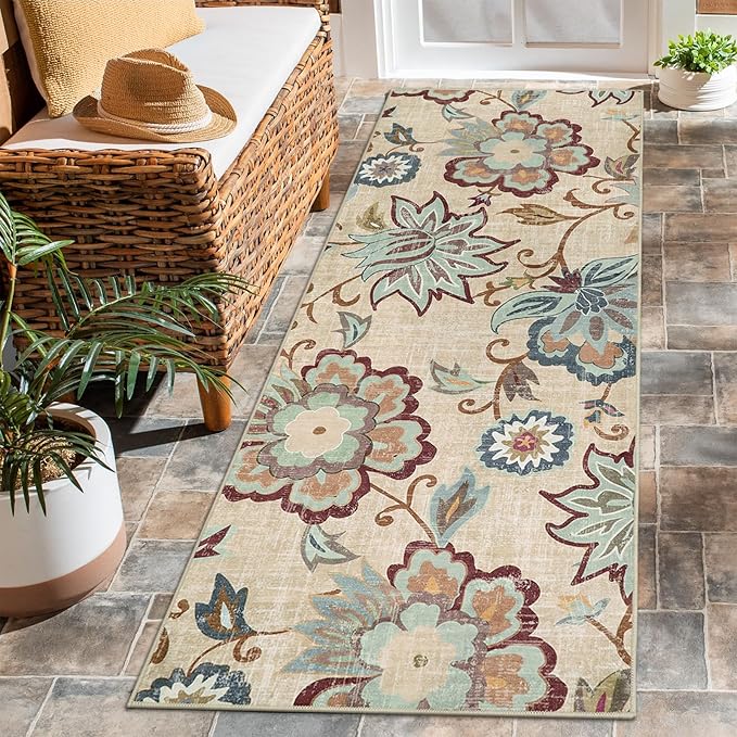Beeiva Floral Rug Runners for Hallways, 2x5 Ultra Thin Beige Kitchen Runner Rug Washable, Vintage Plant Non-Shedding Bathroom Front Door Rug Non-Slip Hallway Runner Rug for Entryway Bedroom Kitchen