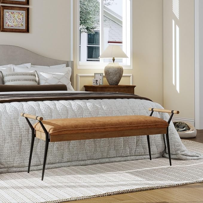 LukeAlon Modern PU Leather Entryway Bench, Upholstered End of Bed Bench with Arms Classic Bedroom Ottoman Bench with Metal Legs Elegant Footstool for Entrance Living Room, Brown