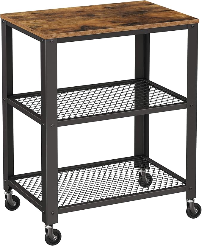 VASAGLE BRYCE Serving Cart, 3-Tier Kitchen Utility Cart on Wheels with Storage, for Living Room, Accent Furniture with Steel Frame, Industrial, Rustic Brown and Ink Black ULRC78X