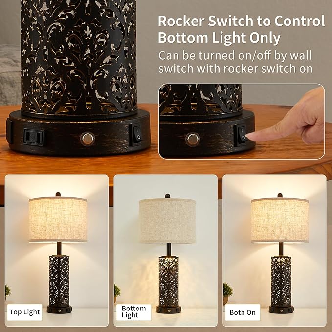 26" Farmhouse Table Lamp Dual Light 3-Way Dimmable Touch Control, 2 USB Ports + AC Outlet Rustic Bedside Lamp for Living Room Bedroom and Nightstand with Nightlight (Black-1 Pack)