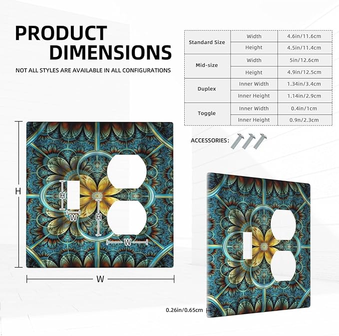 Decorative Light Switch Cover Plate Boho Fractal Mandala Bohemia 2 Gang Outlet Covers 1 Toggle 1 Duplex Wall Plate Decorate Electrical Switch Plate Covers for Bedroom Home Decor