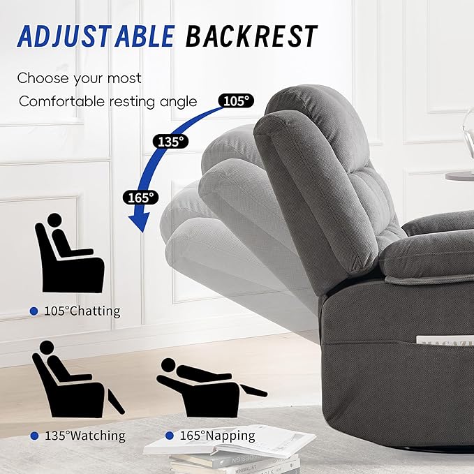 Swivel Recliner Chair for Adults with Massage and Heating,Manual Glider Rocking Recliner Chair with Cup Holds and Pockets,Reclining Rocker Chairs for Living Room Bedroom R8811 (Darkgrey)