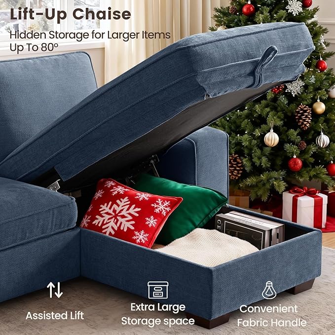 PARKOL 99" L-Shaped Sectional Couch with Storage, Sofa with Reversible Chaise, USB Type-C Charging, Chenille Fabric, Removable Cushion Covers, for Small Space, Apartment, Living Room, Blue
