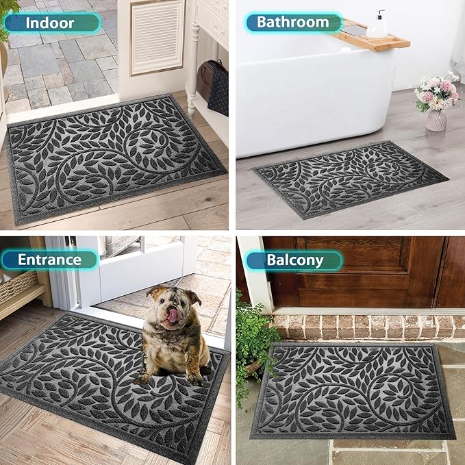 Bulijojo Front Door Mat Entrance,Durable Heavy Duty Welcome Mat,Thick Absorbent Natural Rubber Non Slip Mat,Sturdy Entryway Grey 17"x30"
