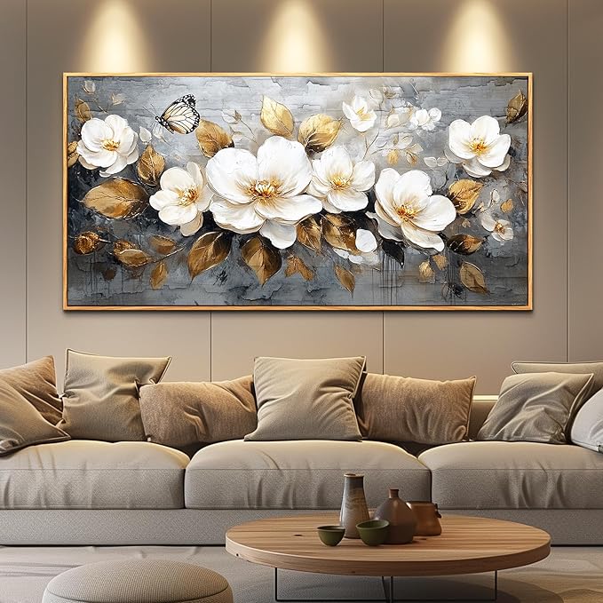 FUHAIHUA Wood Framed Canvas Wall Art For Living Room Large Wall Decor For Office Bedroom Decoration White Flower Pictures Farmhouse Painting Artwork Room Wall Mural Aesthetic Home Decor 32x72