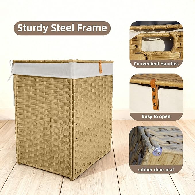 Woven Rattan Laundry Hamper with Lid & Handles,90L Foldable Laundry Basket Includes Machine Washable Removable Liner with 2 Compartments for Storage Basket for Bedroom, Bathroom(Yellow)