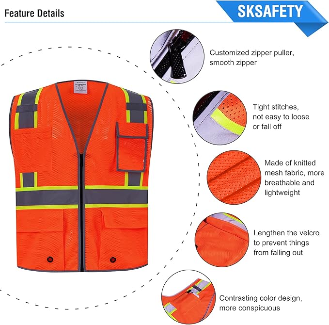SKSAFETY 10 Pockets Safety Vest, Class 2 High Visibility Security with Zipper Double-sided mesh, Hi Vis Vest with Reflective Strips, ANSI/ISEA Standard, Construction Work Vest （Orange, 4XL）