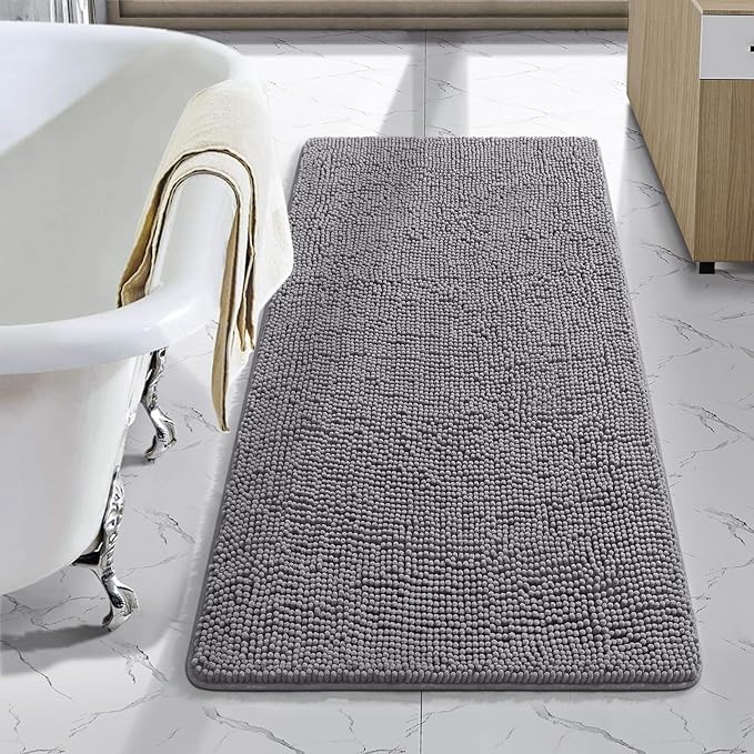 LOCHAS Luxury Bathroom Rug Shaggy Bath Mat 24 x 44 Inch, Washable Non Slip Bath Rugs for Bathroom Shower, Soft Plush Chenille Absorbent Carpets Mats, Gray