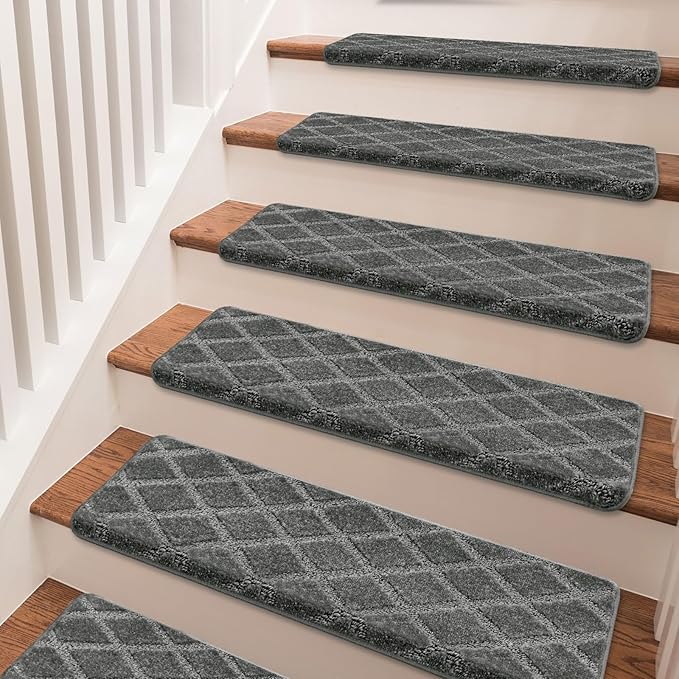 PURE ERA Bullnose Carpet Stair Treads Set Tape Free Non-Slip Indoor Stair Protectors Pet Friendly Rugs 9.5" x 30"(7 Pieces,Grey Diamond Trellis)