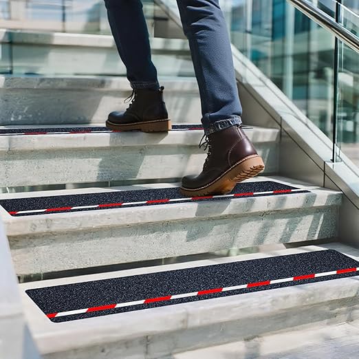 LifeGrip Anti Slip Stair Treads with Reflective Stripe (10-Pack), 6" X 28", Ourdoor Grip Tape Non Slip, Waterproof Safety Non Skid Tape, High Traction Friction Abrasive Adhesive for Step, Red/White