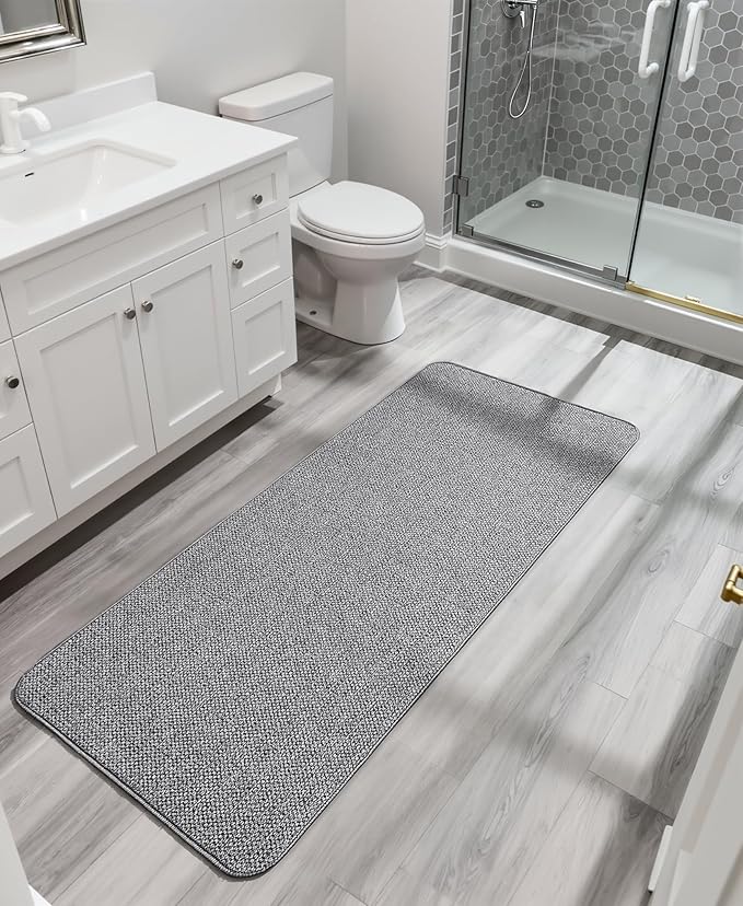 Bath Mat,Ultra Thin Bathroom Runner Rugs,Large Bath Mats for Bathroom,Quick Dry,Non-Slip,Machine Washable,Low Pile,Bath Rug,Shower Outside,Sink,Home Decor Accessories.Grey,1'9"x3'11"（21x47inch）