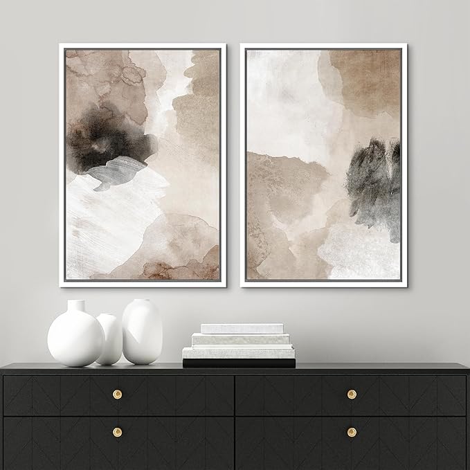 MUDECOR Framed Canvas Print Wall Art Watercolor Brown White Black Collage Abstract Shape Illustrations Modern Art Decorative Bohemian Colorful Chic for Living Room, Bedroom, Office - 24"x36"x2 White