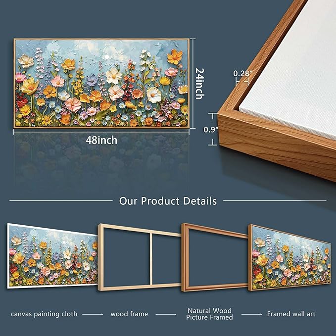 PHAOHUAXM Canvas Wall Decor For Living Room Dining Room Mural Vintage Print Picture YAbstract Colored Floral Wood Frame Artwork For Farmhouse Kitchen Bedroom Corridor Home Decoration Mural 24x48 In