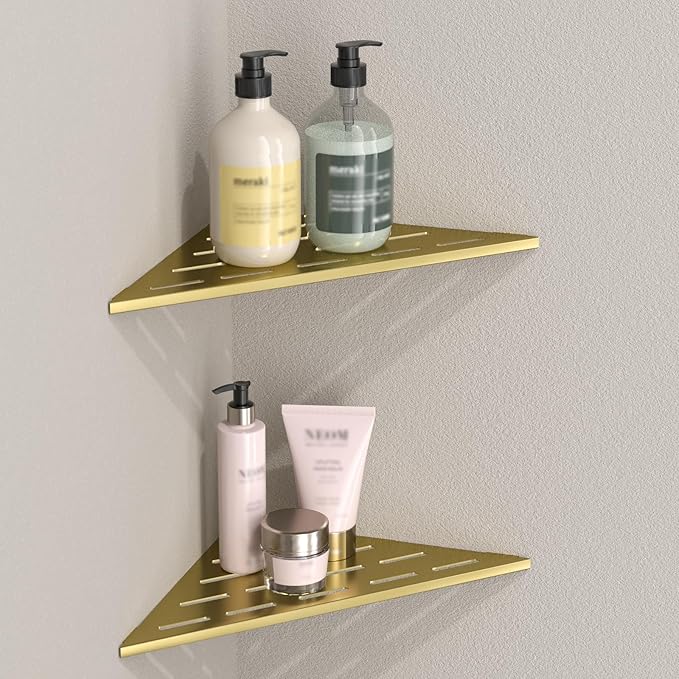 DAYONE Corner Shower Shelf Gold 2 Pack 10", Bathroom Corner Shower Organizer Shelf for Tiled Wall, SUS304 Stainless Steel Recessed Organizer Shelves