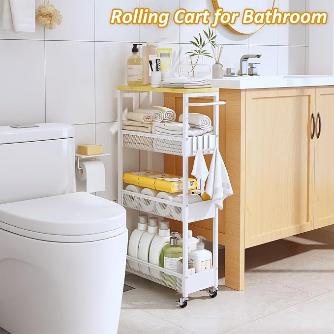 Slim Rolling Storage Cart, 4 Tier Metal Narrow Utility Cart with Handle and Wood Top, Multifunctional Small Mobile Shelf Unit Organizer Trolley for Laundry, Bathroom, Kitchen