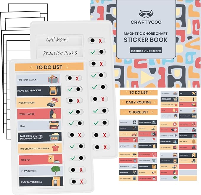 Magnetic Checklist Chore Board with Chore Sticker Book, Chores Chart for Kids, Set of 2 Magnetic Customizable Chore Charts with Insert Paper and 212 Stickers, Chore Chart for Multiple Kids