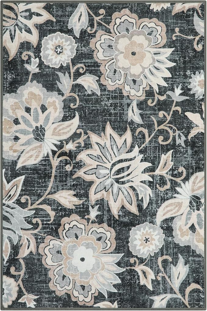 Beeiva Floral Large Carpet for Bedroom, 4x6 Rug Non Slip Vintage Black Rug for Bedroom, Paisley Print Living Room Ultra Thin Washable Rugs for Entryway Bedside Office