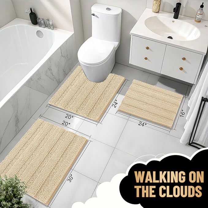 OLANLY Thick Bathroom Rugs 36x24, Extra Soft Absorbent Chenille Striped Bath Rugs, Rubber Backing, Machine Wash Dry, Bath Mats for Bathroom Floor, Tub and Shower, Home Decor Accessories, Beige