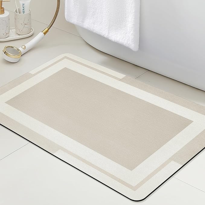 Ultra Thin Bath Mat, Upgrade Backing Non Slip Thin Bath Mats Fit Under Door, Quick Dry Ultra Absorbent Bathroom Rugs, Machine Washable Bath Rugs for Bathroom, Bathtub, Light Beige/Bordered/32"x20"