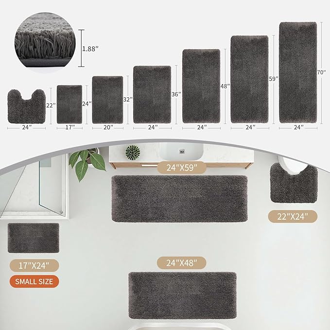 Dark Grey Bathroom Rugs 24x36 Non Slip Fluffy Bath Mat for Bathroom Floor Washable Plush Luxury Bath Rug for Tub Soft Shaggy Absorbent Shower Sink Mat