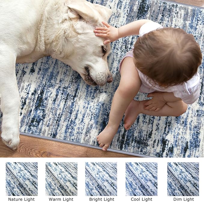Modern Abstract Runner Rug 2.6x14, Grey Blue White Washable Long Kitchen Runner Non-Slip Soft Hallway Rug Runner Thin Print Faux Wool Carpet for Entryway Bedroom Laundry Room Indoor Home Decor