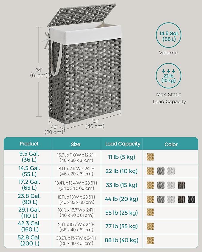 SONGMICS Slim Laundry Hamper with Lid, 14.5 Gallon (55L) Rattan Clothes Laundry Basket with Lid and Handles, Foldable, Removable Liner, Dove Gray ULCB164G01