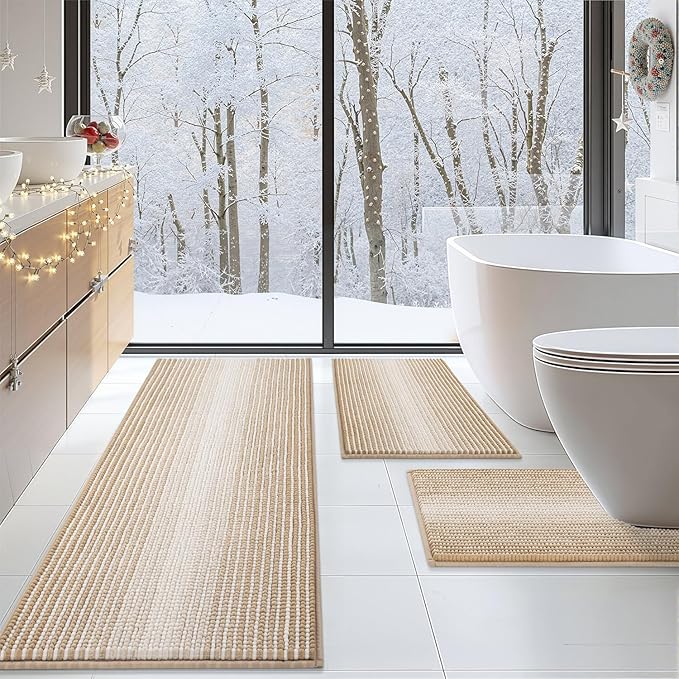 BSICPRO Bathroom Rugs Sets 3 Piece, Toilet Rugs U-Shaped Contour Bath Mat Set, Large Striped Non Slip Absorbent Chenille Shower Mat, Beige
