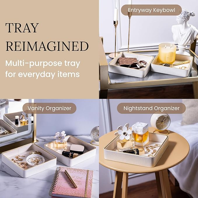 Small Night Stand Organizer Nightstand Tray Bedside Table Organizer Women| Dresser Trays for Bedroom Leather Valet Trinket Tray Catch All| Purse Bowl for Women| Desk Trays