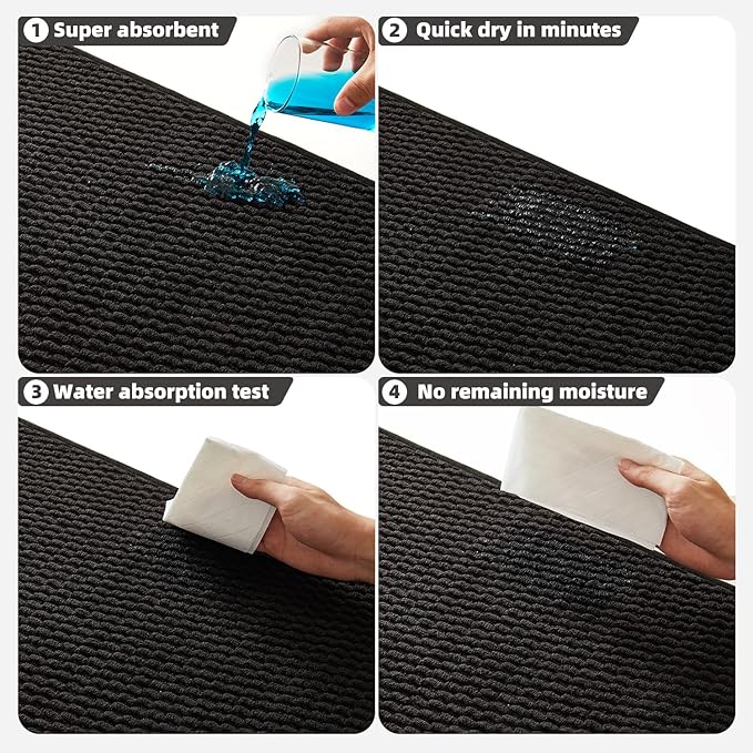 Black Bathroom Rugs Non Slip Washable, Super Absorbent Thin Bath Mat Quick Dry Low Pile Bathroom Rug, Black 20''x48''