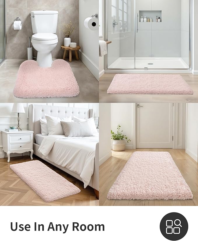 ILANGO Pink Toilet Rugs U Shaped 22" × 24" Non Slip & Super Absorbent Extra Thick Soft, Washable Bath Mats for Bathroom Floor, Microfiber Plush Shaggy Contour Bath Rugs for Toilet,Dry Quick