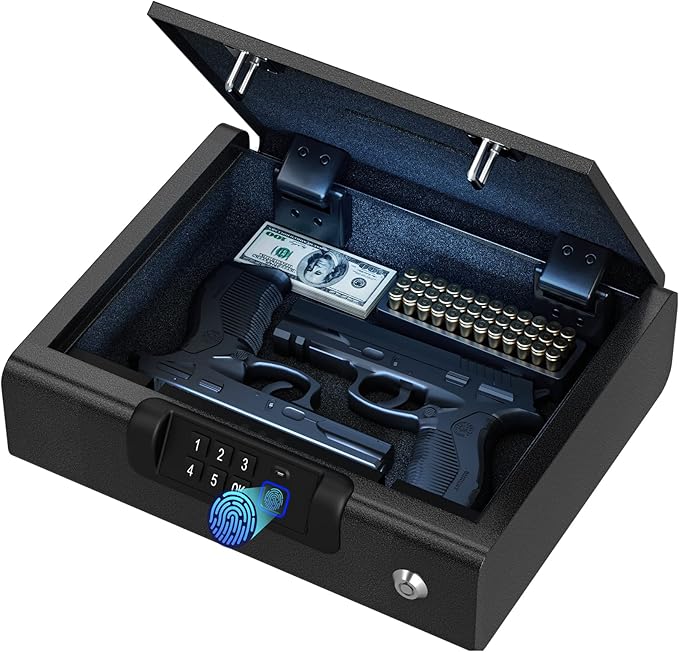 Gun Safe,Biometric Gun Safe for Pistols 3-Ways unlock Fingerprint Digital PIN Key Unlock with Sound, Lock box for Cloakroom living room Bedroom Nightstand and Car BILLCONCH