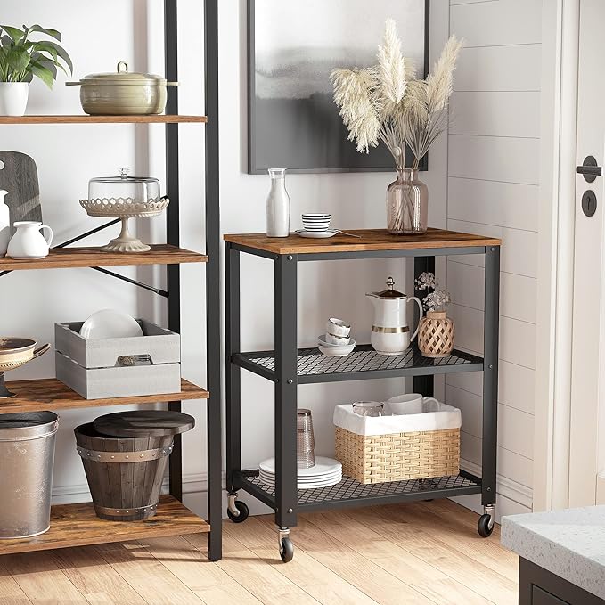 VASAGLE BRYCE Serving Cart, 3-Tier Kitchen Utility Cart on Wheels with Storage, for Living Room, Accent Furniture with Steel Frame, Industrial, Rustic Brown and Ink Black ULRC78X