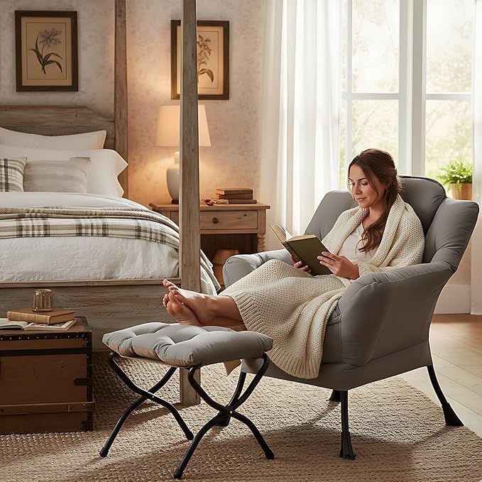Lazy Chair with Folding Ottoman, Modern Accent Lounge Armchair with Armrests and a Side Pocket & Foldable Footstool, Leisure Reading Chair for Living Room, Bedroom, Dorm & Office, Light Grey
