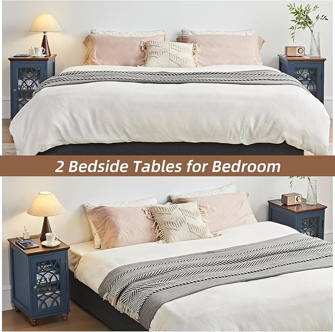 Narrow Side Table with Charging Station, Night Stand with Glass Door, Bedside End Tables with Adjustable Shelf Storage Cabinet,Wood Nightstand for Small Spaces Living Room Bedroom