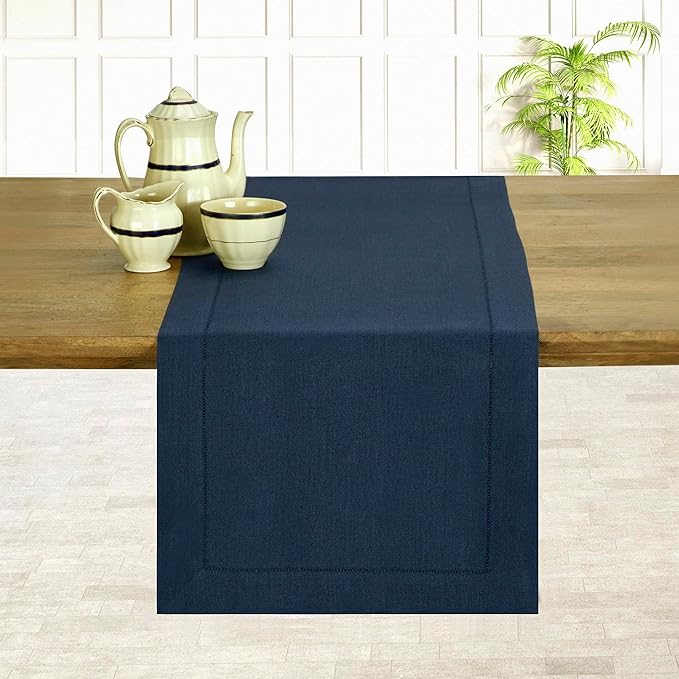 D'Moksha Homes Linen Navy Blue Table Runner 90 Inches Long - Classic Hemstitch 100% Pure Linen Dining Table Runner 14 x 90 Inch for Easter