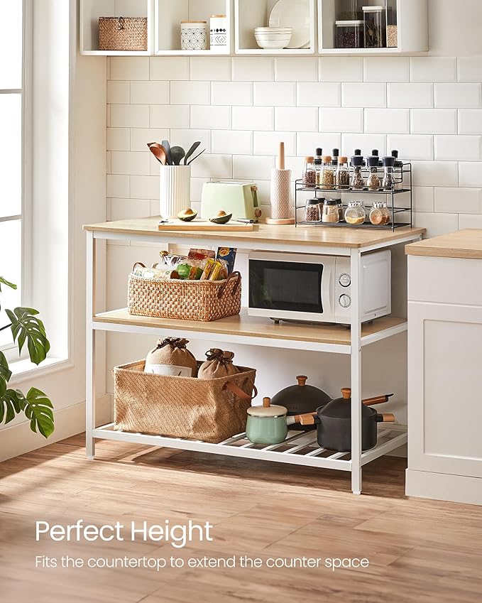 VASAGLE Kitchen Island with 3 Shelves, 47.2 Inches Width Kitchen Shelf with Large Worktop, Stable Steel Structure, Industrial, Easy to Assemble, Oak Color and White UKKI001W09