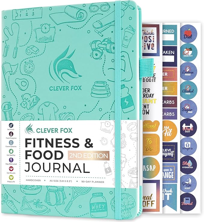 Clever Fox Fitness & Food Journal – Nutrition & Workout Planner for Women & Men – Diet & Gym Exercise Log Book with Calendars, Diet & Training Trackers - Undated, A5 Size, Hardcover (Turquoise)