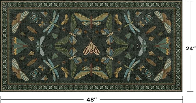 2x4 Entry Way Rugs Indoor - Dark Green Putdoor Rug for Kitchen, Bathroom, Insect Boho Design, Washable Non Slip Stain Resistant
