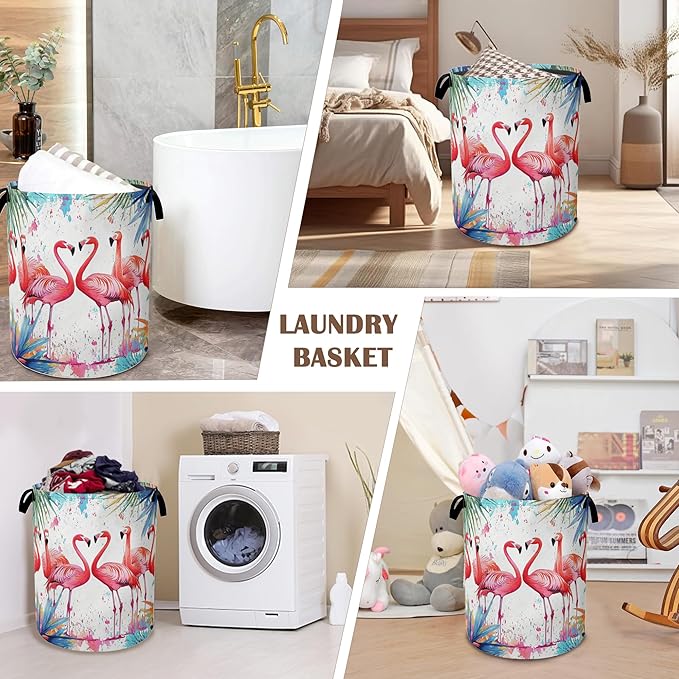 Flamingo Tropical Laundry Basket,Exotic Leaves Flower Collapsible Laundry Baskets with Handles,Waterproof Oxford Cloth Storage Basket 16"x20" for Bathroom/Bedroom/Dormitories